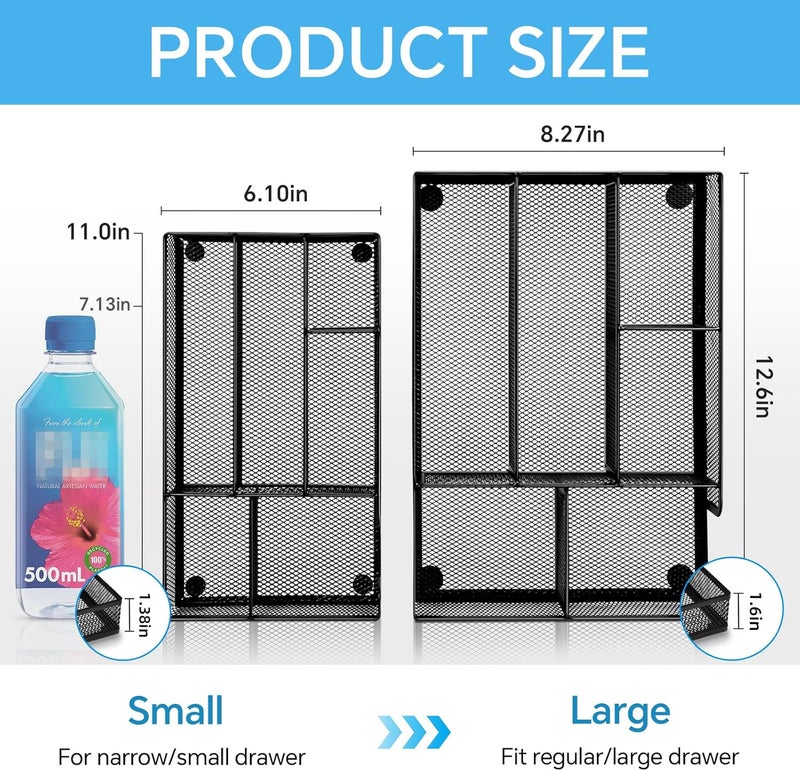 Kciplab Desk Drawer Organizer, Office Drawer Divider Organizer Tray with 6 Compartments, Metal Mesh Desktop Organization and Accessories for Stationery Makeup Kitchen Toolroom School ＆ Office, 11x6.1x1.38 in - Image 5